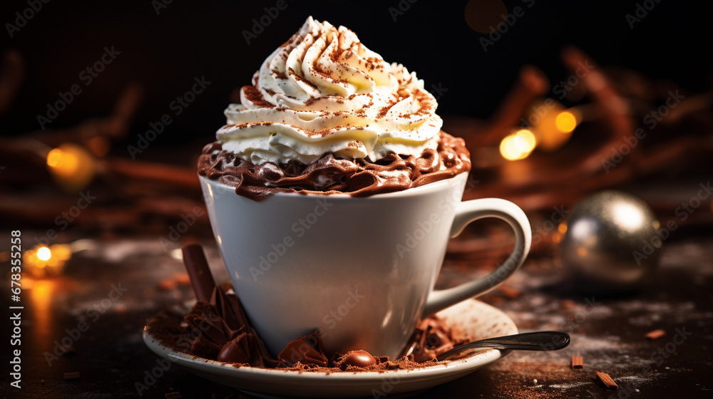 A close-up of a mug of hot cocoa with whipped cream