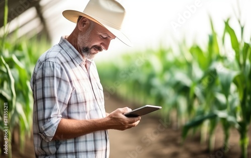 A farmer in a corn field us...