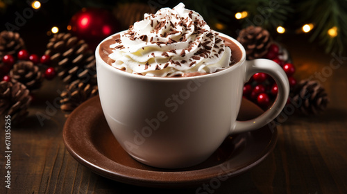 A close-up of a mug of hot cocoa with whipped cream