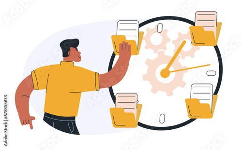 Business management illustration. Organizing efficient business, planning schedule, setting priorities, reminders, doing tasks.Time management and schedule organization concept. Vector illustration.