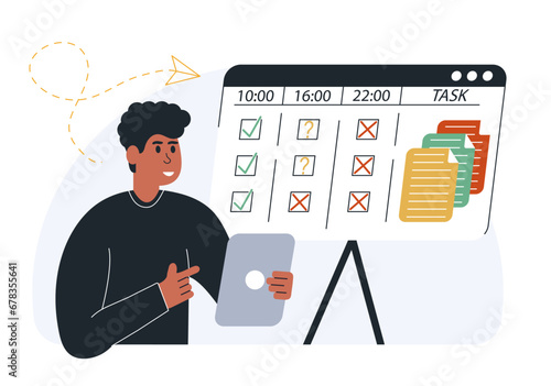 Business management illustration. Organizing efficient business, planning schedule, setting priorities, reminders, doing tasks.Time management and schedule organization concept. Vector illustration.