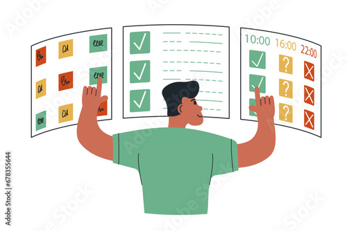 Business management illustration. Organizing efficient business, planning schedule, setting priorities, reminders, doing tasks.Time management and schedule organization concept. Vector illustration.