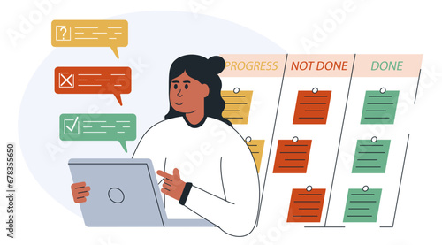 Business management illustration. Organizing efficient business, planning schedule, setting priorities, reminders, doing tasks.Time management and schedule organization concept. Vector illustration.