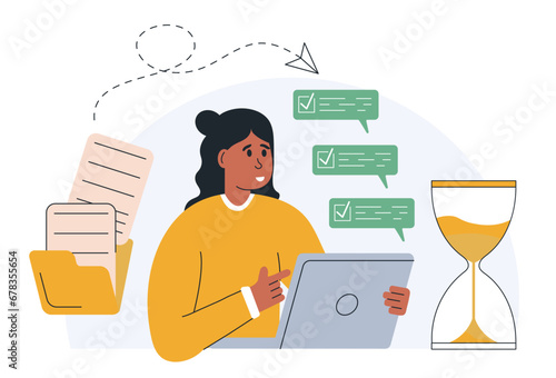 Business management illustration. Organizing efficient business, planning schedule, setting priorities, reminders, doing tasks.Time management and schedule organization concept. Vector illustration.