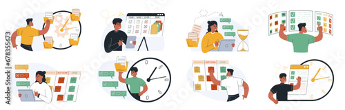 Business management illustration set.Organizing efficient business, planning schedule, setting priorities, reminders, doing tasks.Time management and schedule organization concept. Vector illustration