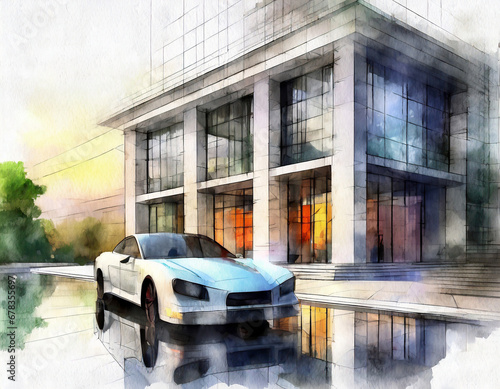 Illustration of a car in front of a modern building