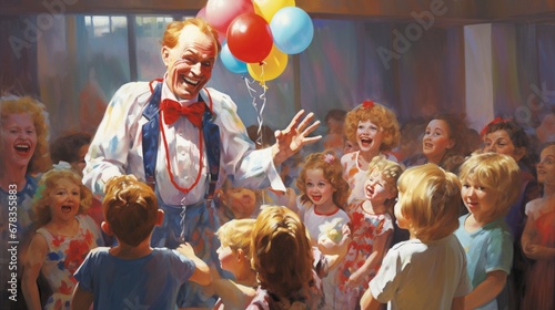 A cheerful clown entertaining children at a birthday party with balloons #678355883