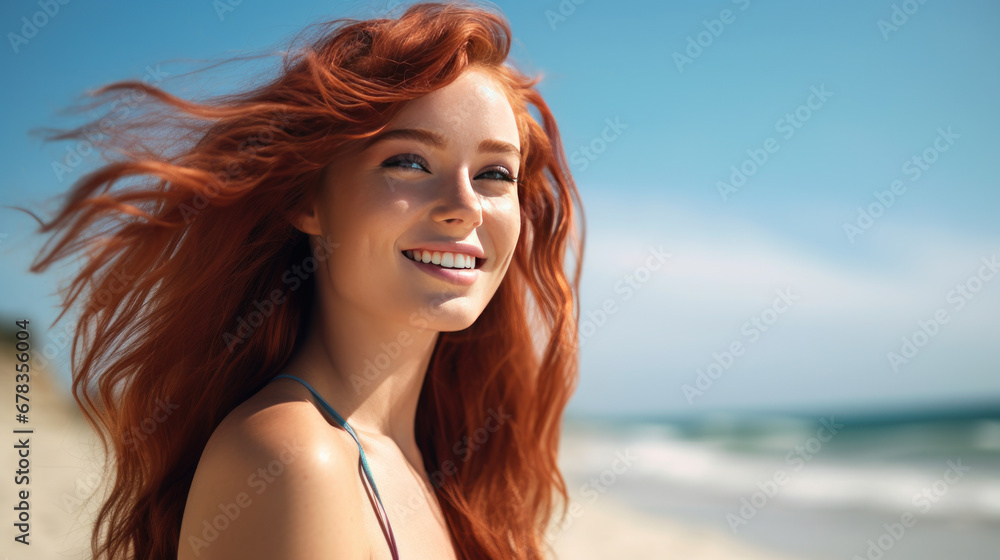 Beautiful redhaired girl smiling against the background of the beach and sea. Beautiful redhaired girl smiling against the background of the beach and sea.