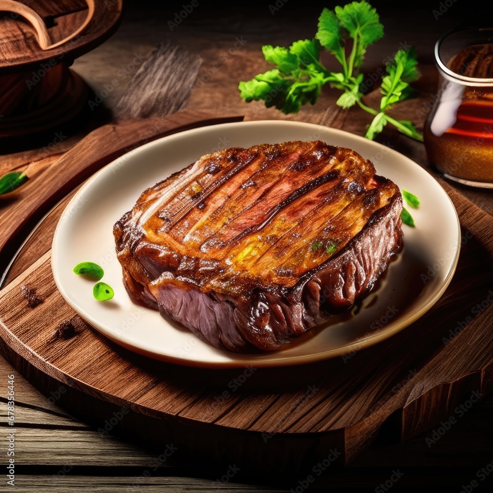 Delicious piece of meat steak on a wooden board with seasoning, herbs, pepper, close-up. Restaurant menu, cozy table, cinematic light, fried, baked, Delicious piece of meat steak on a wooden board with seasoning, herbs, pepper, close-up. Restaurant menu, cozy table, cinematic light, fried, baked,