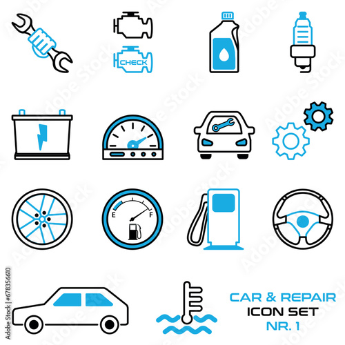 Autowerkstatt, Autoteile - Icon, Symbol, Set