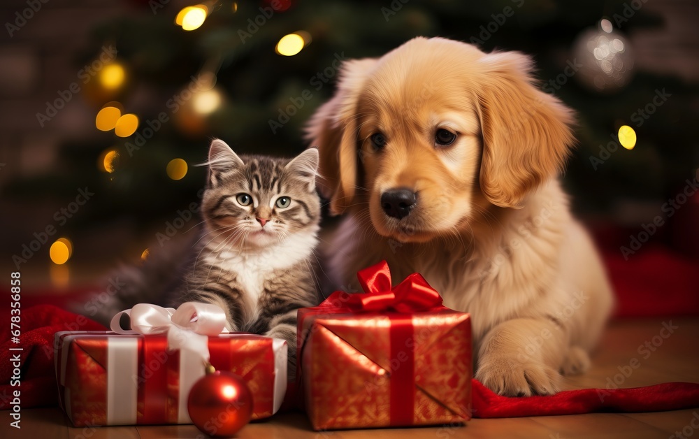 puppy and kitten with christmas gifts on background puppy and kitten with christmas gifts on background