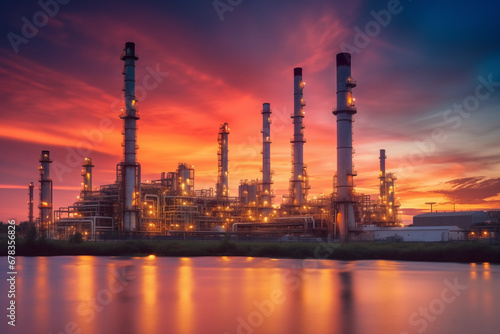 Oil refinery plant. Gas Processing Plant. Pipes of natural gas factory. Oil crude and gas refineries. Oil refining and Petrochemical. Reduced fuel. Ai Generated Illustration. © MaxSafaniuk