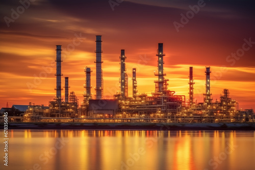 Oil refinery plant. Gas Processing Plant. Pipes of natural gas factory. Oil crude and gas refineries. Oil refining and Petrochemical. Reduced fuel. Ai Generated Illustration. © MaxSafaniuk