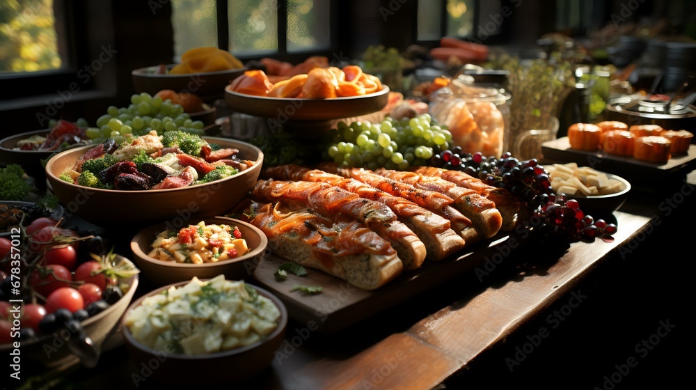 A buffet with a variety of food on it on a table