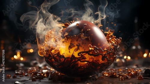 A broken egg with smoke coming out of it