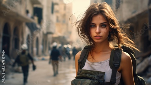 Confident Israeli soldier walking in the city. Generative AI. photo