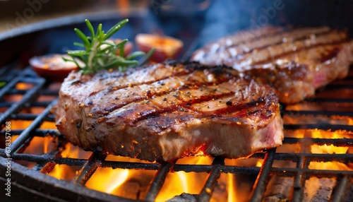  Cooking steaks on a fiery grill, skillfully captured with selective focus to accentuate the dynamic and delicious grilling experience.