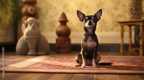 Cute dog sitting on a rug in a warm and cozy living room. Generative AI. photo