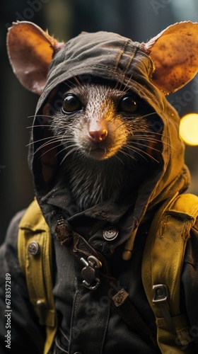 A rat in a hoodie and jacket, surviving in a post-apocalyptic town, ready for the winter. Generative AI.