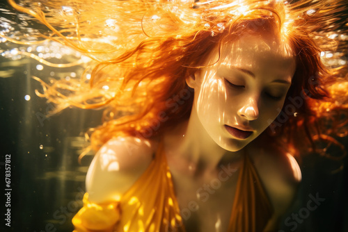 Underwater Tranquility - Redheaded Woman Floating
