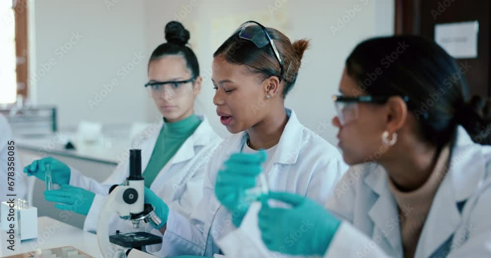 Science students, laboratory and question in classroom for microscope and learning at school with teacher. Education, scientist and people at university for medical analysis with professor for study Science students, laboratory and question in classroom for microscope and learning at school with teacher. Education, scientist and people at university for medical analysis with professor for study