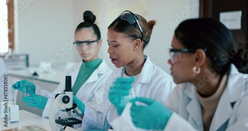 Science students, laboratory and question in classroom for microscope and learning at school with teacher. Education, scientist and people at university for medical analysis with professor for study photo