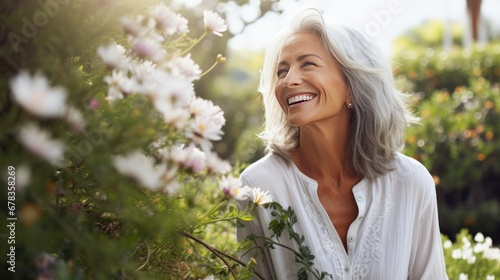 Beautiful gorgeous 50s mid age beautiful elderly senior model white woman in the garden  with grey hair laughing and smiling. Mature old lady close up portrait, generative ai photo