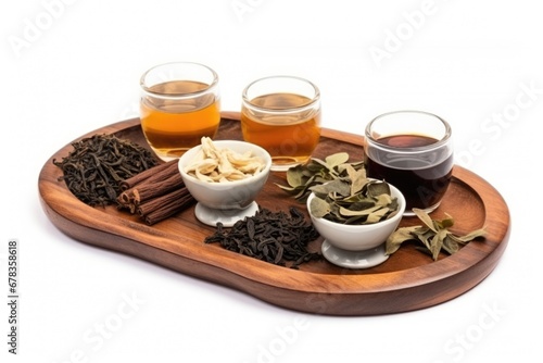 assortment of tea in tray isolated on white. AI Generated