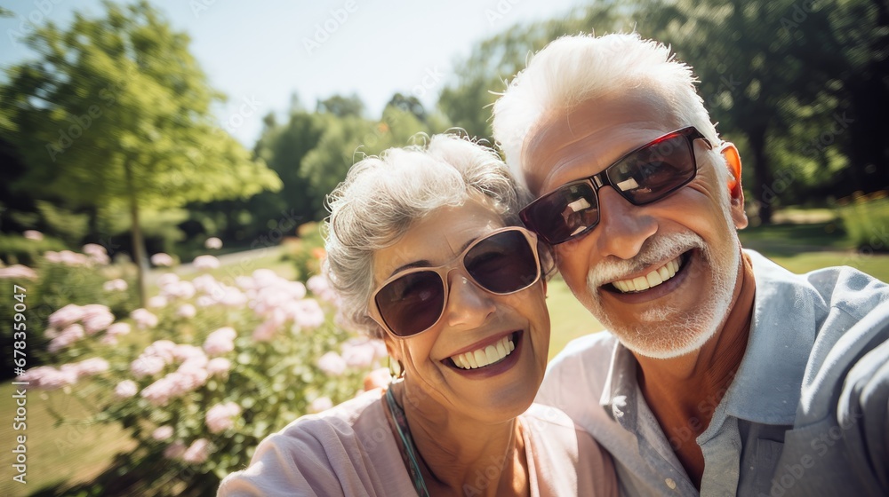 Cherished moments captured! Picture a mature couple, full of joy, posing for a selfie in a scenic park
