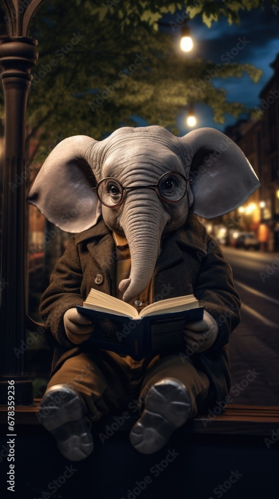 A small elephant with glasses sitting on a bench reading a book. Generative AI.
