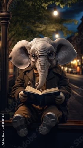 A small elephant with glasses sitting on a bench reading a book. Generative AI.