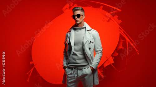 Beautiful handsome man on abstract red background with copy space, Fashionable male model. studio fashionable photography.