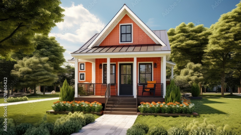 Embrace the charm of this small, cozy house adorned in a warm shade of orange, with white windows and a stylish dark brown metal roof. Embrace the charm of this small, cozy house adorned in a warm shade of orange, with white windows and a stylish dark brown metal roof.