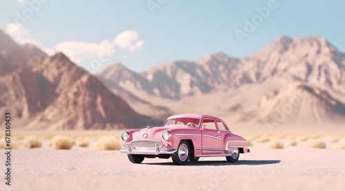 Classic american pink car in desert background