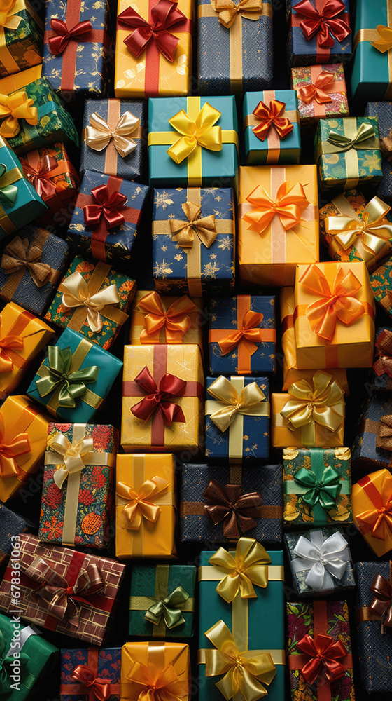 Fototapeta premium Gift boxes with ribbons, top view, close-up.