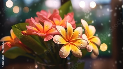 Frangipani flowers in vase with bokeh background. Springtime Concept. Valentine's Day Concept with a Copy Space. Mother's Day. © John Martin