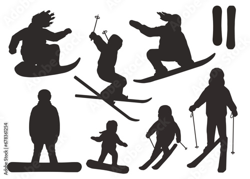 Silhouettes of people in various snowboarding and skiing poses, participating in exhilarating winter sport. Season activity and competitions. Dynamic winter action, outdoor fun. Elements for design