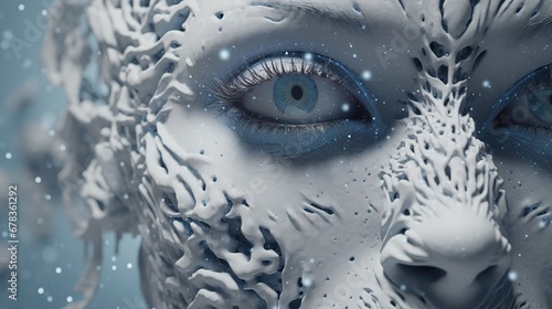 Macro photograph of an eye with a blue-gray iris covered with white salt flakes, a constricted pupil, and a cold, emotionless gaze.
