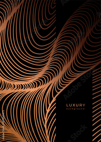 Luxury template with golden wavy linear pattern. Line art. Gold waves on black background. Poster with geometric texture with shiny curves. Banner with abstract striped texture. Surface distortion