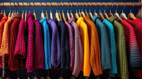 Fashion Haven: Elevate your style with this vibrant image of hangers adorned with colored knitted sweaters and neatly arranged shelves featuring an array of stylish jeans