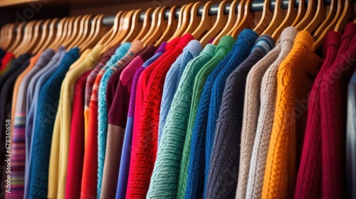 Fashion Haven: Elevate your style with this vibrant image of hangers adorned with colored knitted sweaters and neatly arranged shelves featuring an array of stylish jeans