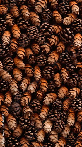 Pine cones background. Close up of a row of pine cones.