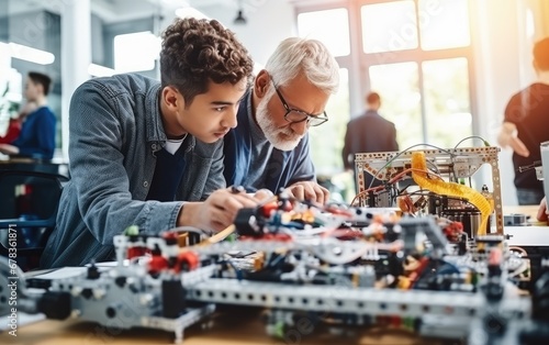 University Students Building a Machine In Science Robotics Or Engineering Class