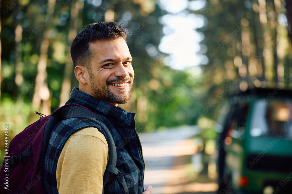 Portrait of happy camper in woods looking at camera. Portrait of happy camper in woods looking at camera.