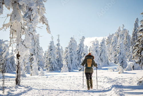 Woman with backpack and walking poles is hiking in winter mountain trail. Walk in snow in nature © encierro