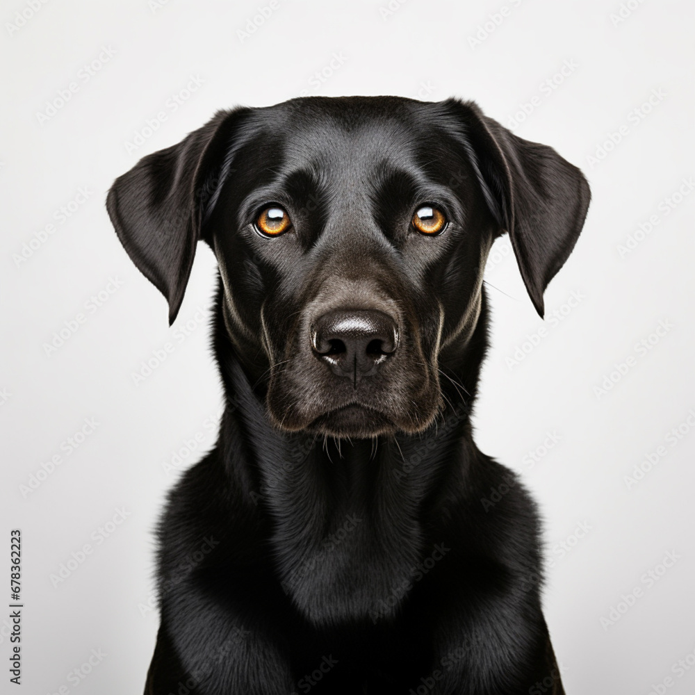 A black dog is looking at the camera, in the style of minimalistic portraits