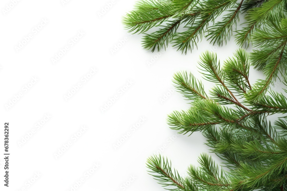 Closeup of pine tree branches on a white background, creating a natural frame with copy space