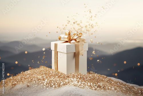 white gift box with a gold ribbon sits on a pile of gold glitter with a mountainous background © gankevstock
