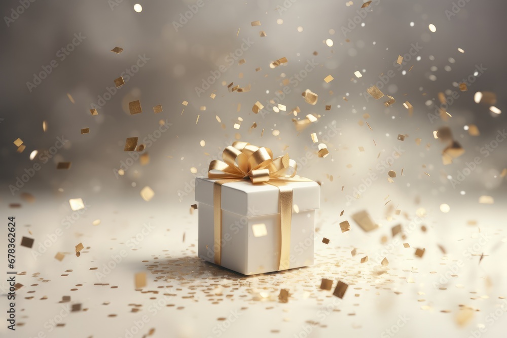 white gift box with a golden bow and confetti falling around it - obrazy, fototapety, plakaty 