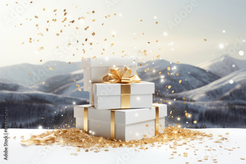 Festive gift boxes with golden confetti and snowy mountains in the background © gankevstock